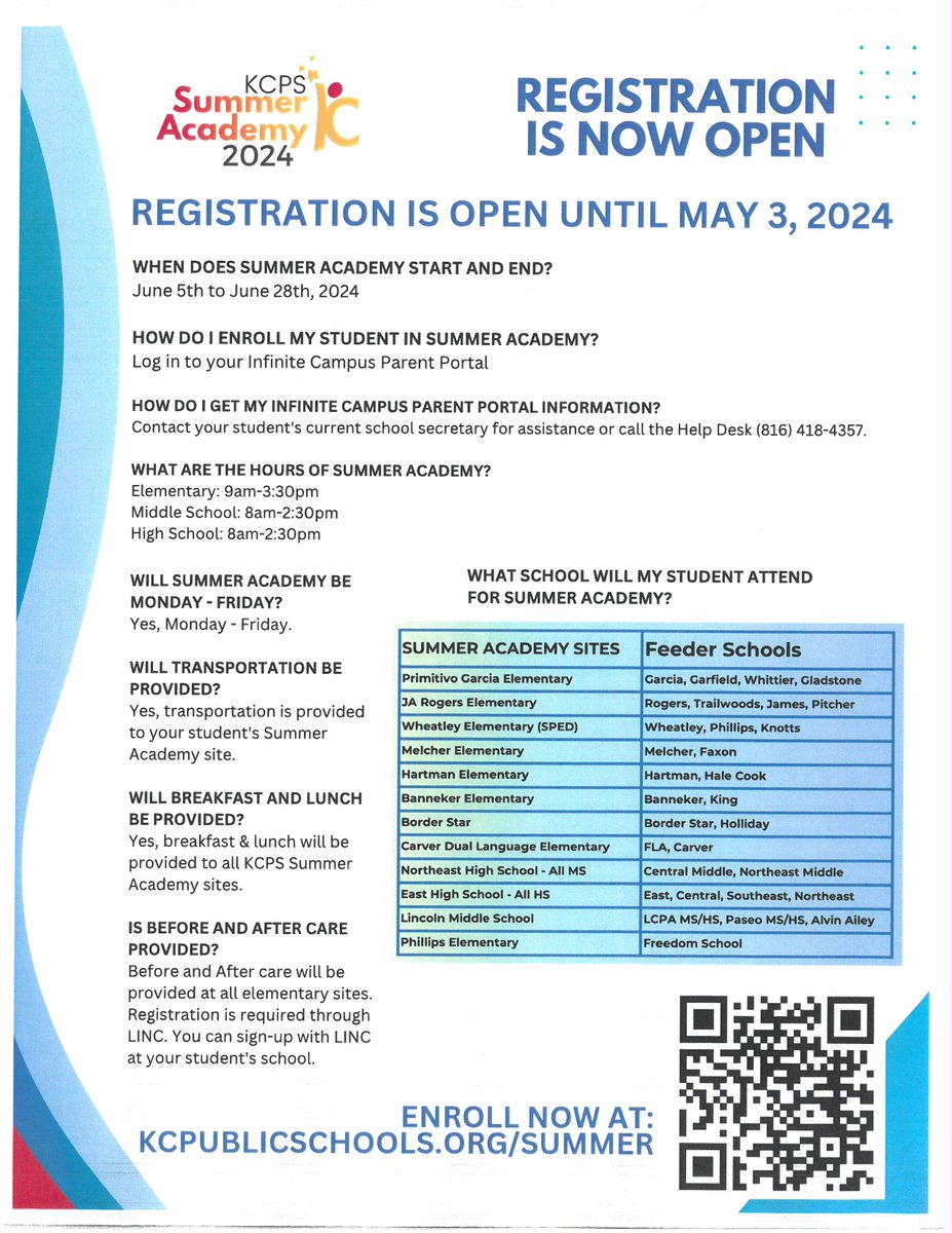 KCPS Rogers (@kcps_rogers) on Twitter photo Registration for Summer Academy is open!😎
<a href="/KCPS_Rogers/">KCPS Rogers</a> will be a Summer Academy site!🦅
June 5th-June 28th, 2024
9am-3:30pm, Mon-Fri (for Elementary)
LINC before & aftercare options
Enroll: Infinite Campus Parent Portal
kcpublicschoolsmo.infinitecampus.org/campus/portal/…
Need help? Call 816-418-4357 Registration for Summer Academy is open!😎
<a href="/KCPS_Rogers/">KCPS Rogers</a> will be a Summer Academy site!🦅
June 5th-June 28th, 2024
9am-3:30pm, Mon-Fri (for Elementary)
LINC before & aftercare options
Enroll: Infinite Campus Parent Portal
kcpublicschoolsmo.infinitecampus.org/campus/portal/…
Need help? Call 816-418-4357