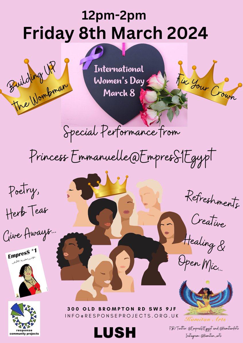 Join #EmpresS1Egypt tomorrow for #InternationalWomensDay @ #ResponseCommunityProjects as she leads a #CreativeHealing session followed by an acoustic bi-lingual #RapPoetry set hailing from #LadbrokeGrove via #Egypt with the 'twang of a West London Priestess!' (@TheVoiceNews 2003)