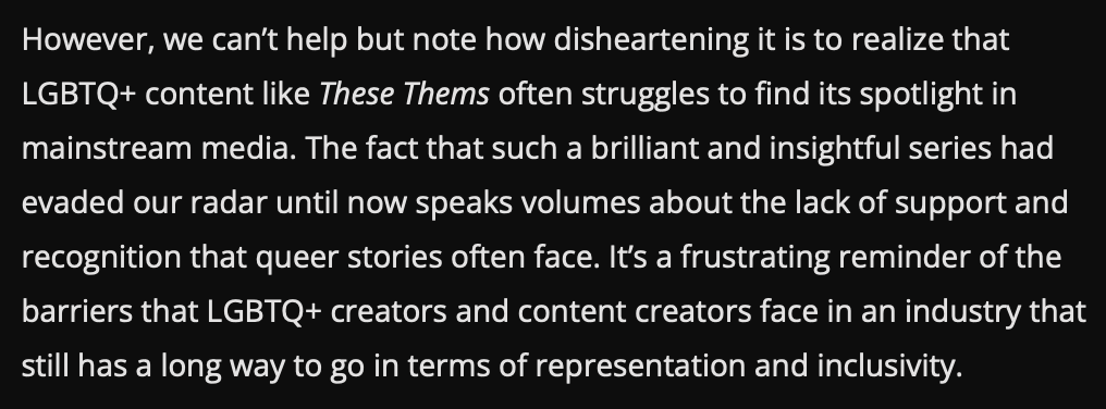 adoptourcrew's tweet photo. "With well-rounded characters, witty dialogue, and relatable storylines, we consider #TheseThems a triumph of queer storytelling."
We couldn't agree more! Thank you @QPlusMagazine for this great review of @These_Thems! Here at #AdoptOurCrew, we're fighting for all queer stories. https://t.co/fsJjaFwLQW