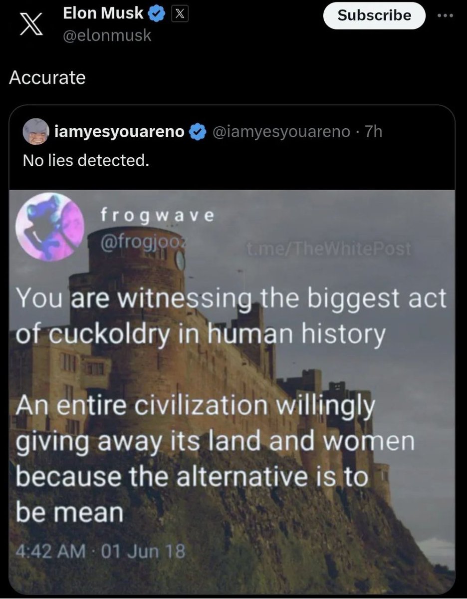 goodetrades's tweet photo. Elon is a white nationalist. He liked and then QT'd this tweet approvingly.  He soon deleted the tweet but didn't unlike it. 

1. The meme comes from the The White Post.
2. This isn't about immigration but preventing miscegenation
3. It assumes societal ownership of women https://t.co/hYSCGmBRxd