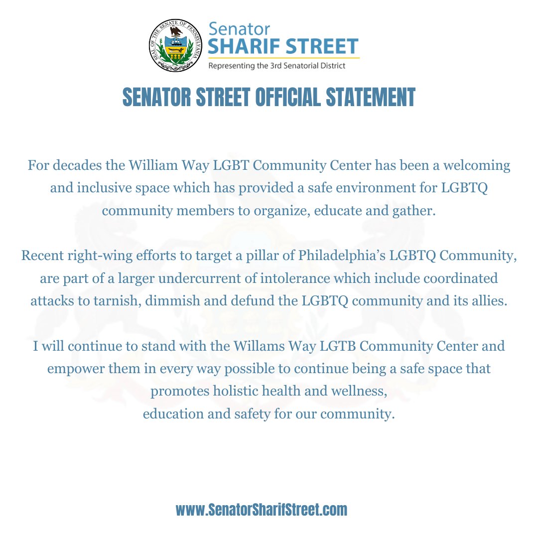 SenSharifStreet's tweet photo. For decades the William Way LGBT Community Center has been a welcoming and inclusive space which has provided a safe environment for LGBTQ community members to organize, educate and gather. https://t.co/xNApIF3Kdc