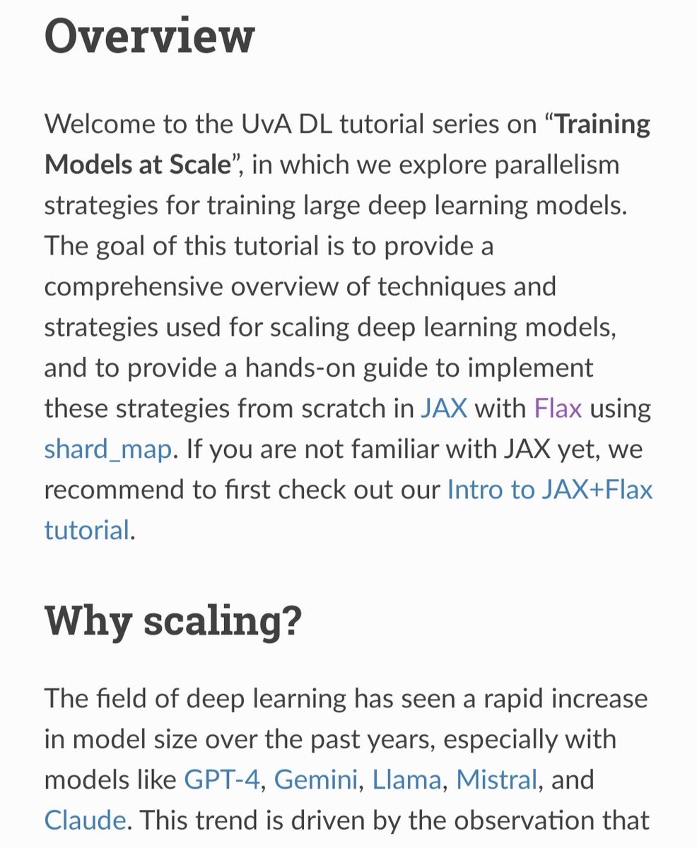 Easily the best tutorial on distributed training I've seen 🔥 Uses JAX/Flax and shows how to use the low-level communication primitives to teach the basic concepts, even if the compiler can do most of this for you I think it's super valuable to learn how things work.