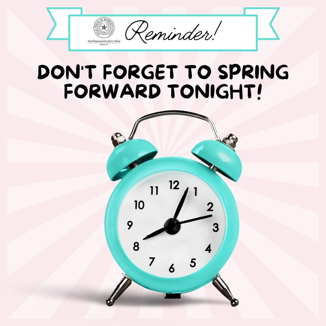 It's Spring Forward. Don't forget to set your clocks ahead 1 hour tonight.