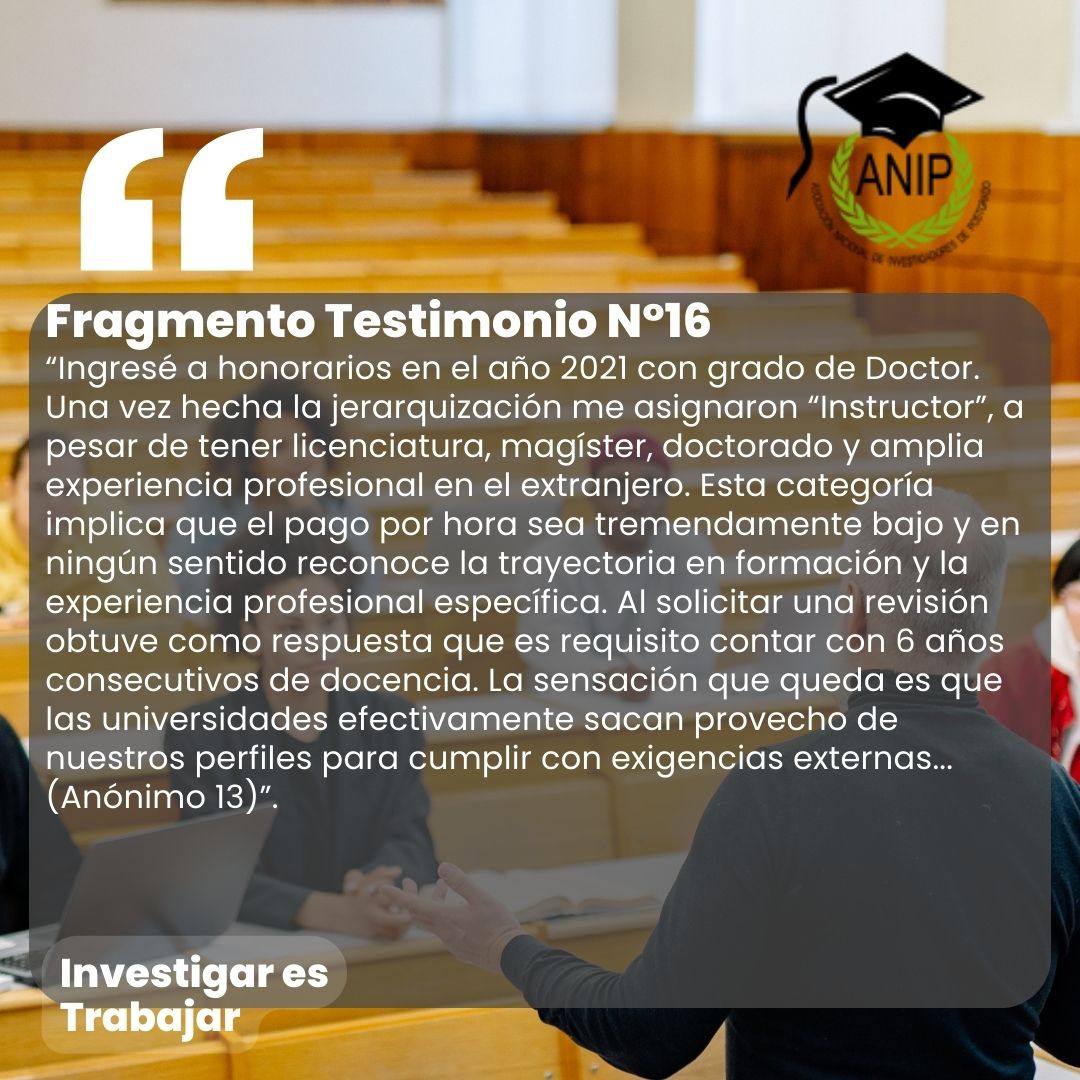 💢 Compartimos relatos anónimos de socios ANIP sobre sus problemáticas laborales.
Último día: Les contamos acerca de la inserción luego del doctorado.
Te invitamos a leerlos  y comentarlos  por si te ha pasado algo similar 🤝👊✊️
#InvestigaresTrabajar 
#Poruntrabajodigno