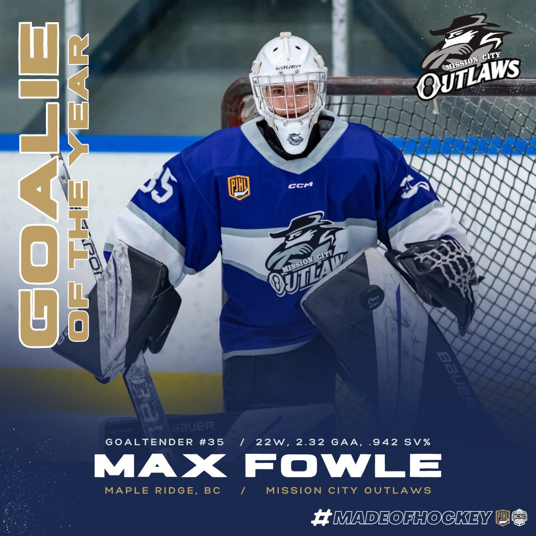 ThePJHL's tweet photo. Last release of your PJHL Awards! 🚨🏆

• MVP - JJ Pickell (@NVanWolfPack)
• Best Defenceman - Jakob Loewen (@flamesjunior)
• Goalie of the Year - Max Fowle (@MissionOutlaws)
• Rookie of the Year - Rylan Oatman (@NVanWolfPack)

That finalizes our amazing players and hockey staff earning this years awards. Congratulations to you all! 🤘🏻🏒

#thepjhl #thebchc #thebest #mvp #goalielife #playoffhockey #madeofhockey #awards #rookie