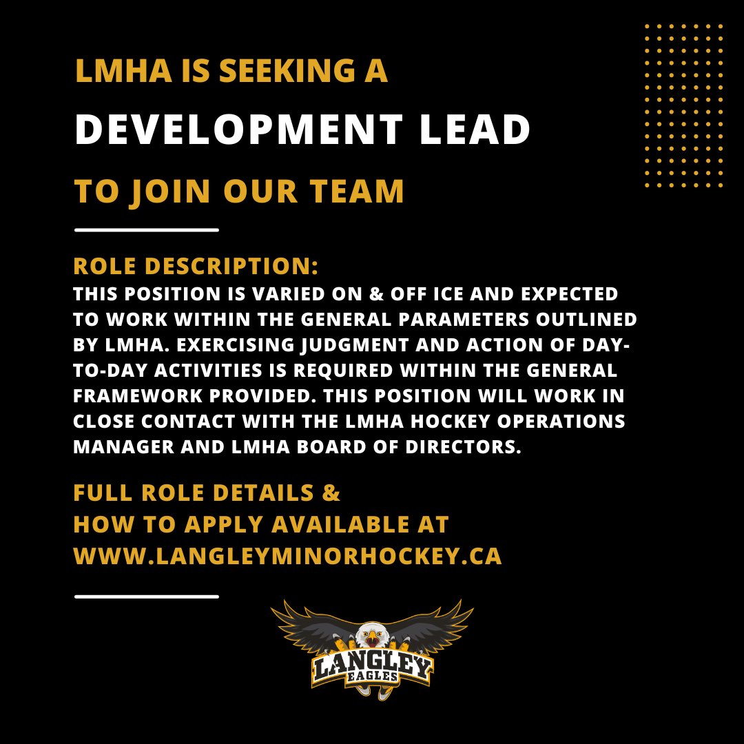 The LMHA Development Lead is a one season contract position. FULL DETAILS are found in the News and Announcements section on our website.

All qualified and interested applicants shall submit your resume and cover letter to by the March 31st, 2024 deadline.