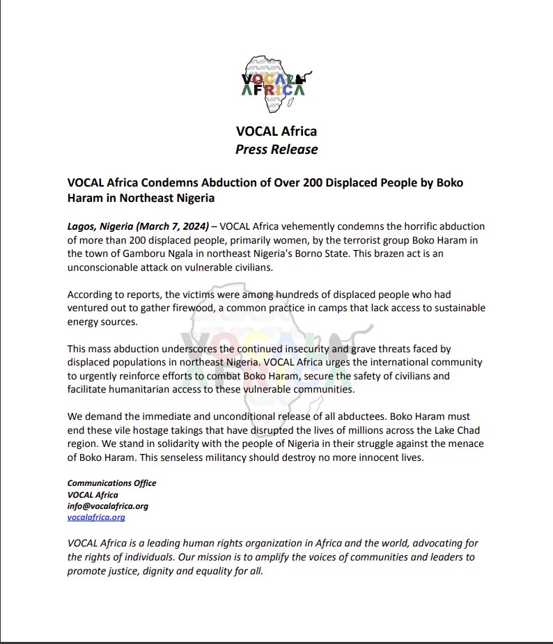 VOCAL Africa Condemns Abduction of Over 200 Displaced People by #BokoHaram in Northeast #Nigeria