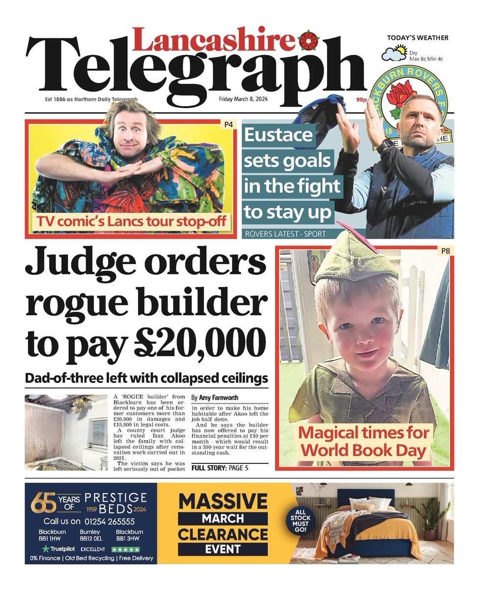 Front page of Friday's @LancsTelegraph📰 Judge orders rogue builder to pay £20,000 #TomorrowsPapersToday #Lancashire #EastLancashire #LancashireNews #Newsquest #LocalNews #BuyAPaper #LocalNewsMatters #Rovers #Blackburn #BurnleyFC #Burnley #Preston