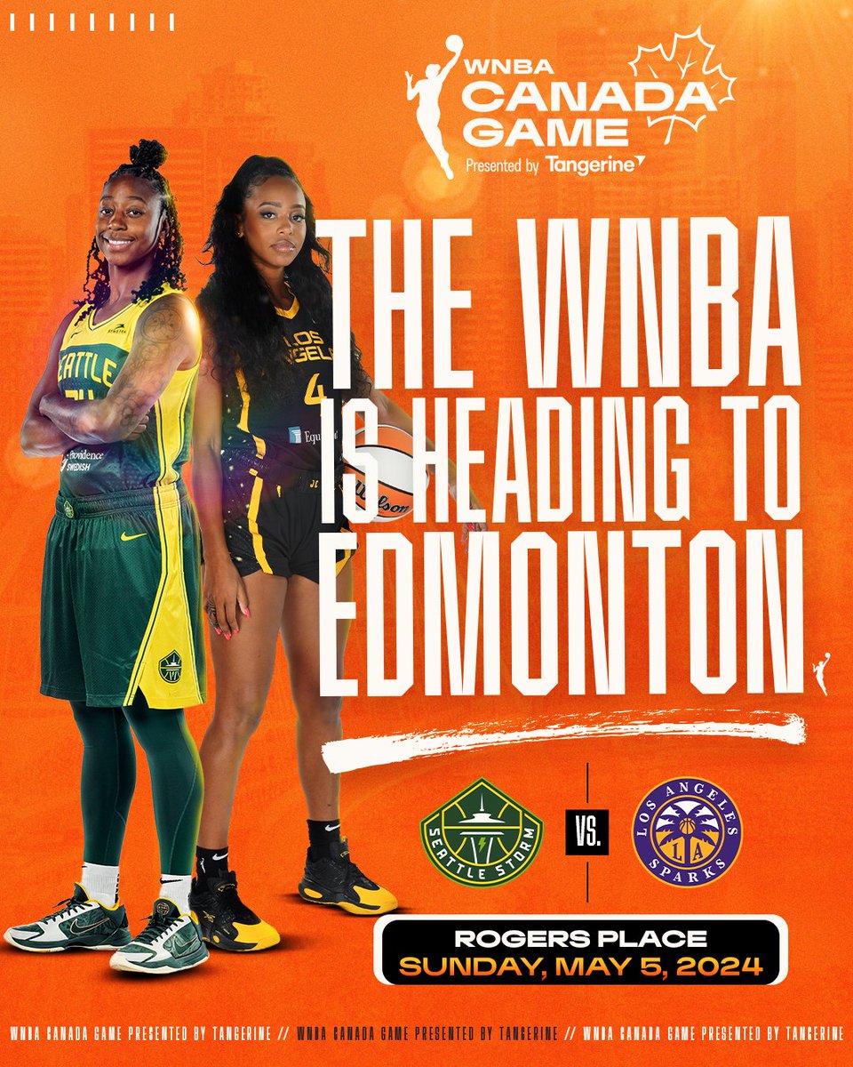 HEADING BACK NORTH! 🇨🇦 🏀 The @la_sparks & @seattlestorm will face-off this May in Edmonton in the @WNBA Canada Game presented by Tangerine. 🔥 Link to register for presale ticket access: wnbacanadagame.com #WNBACanadaGame