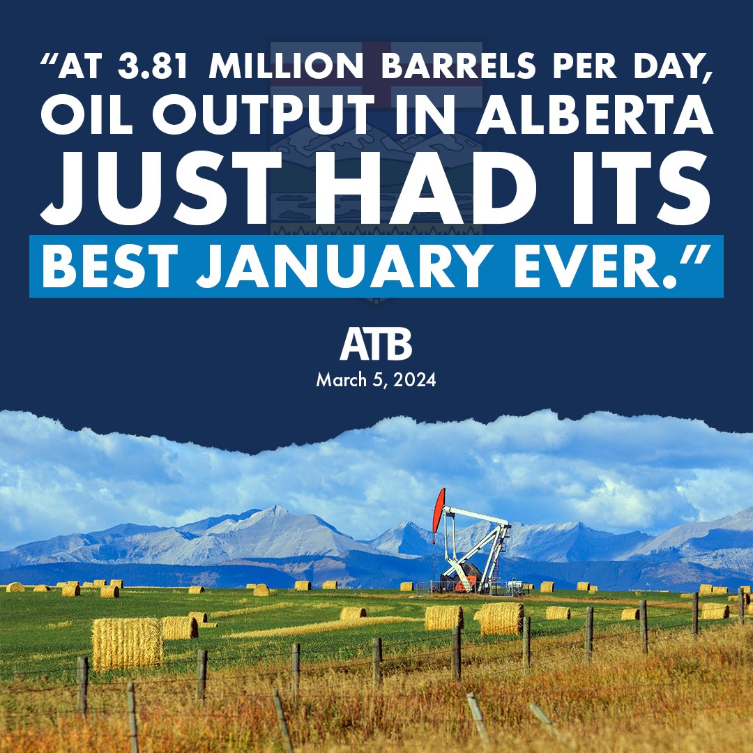 ICYMI, Alberta's crude oil production reached an all time high in 2023, and oil output in Alberta just had its best January ever!

Read more here ➡️ atb.com/company/insigh…

#ableg #abpoli