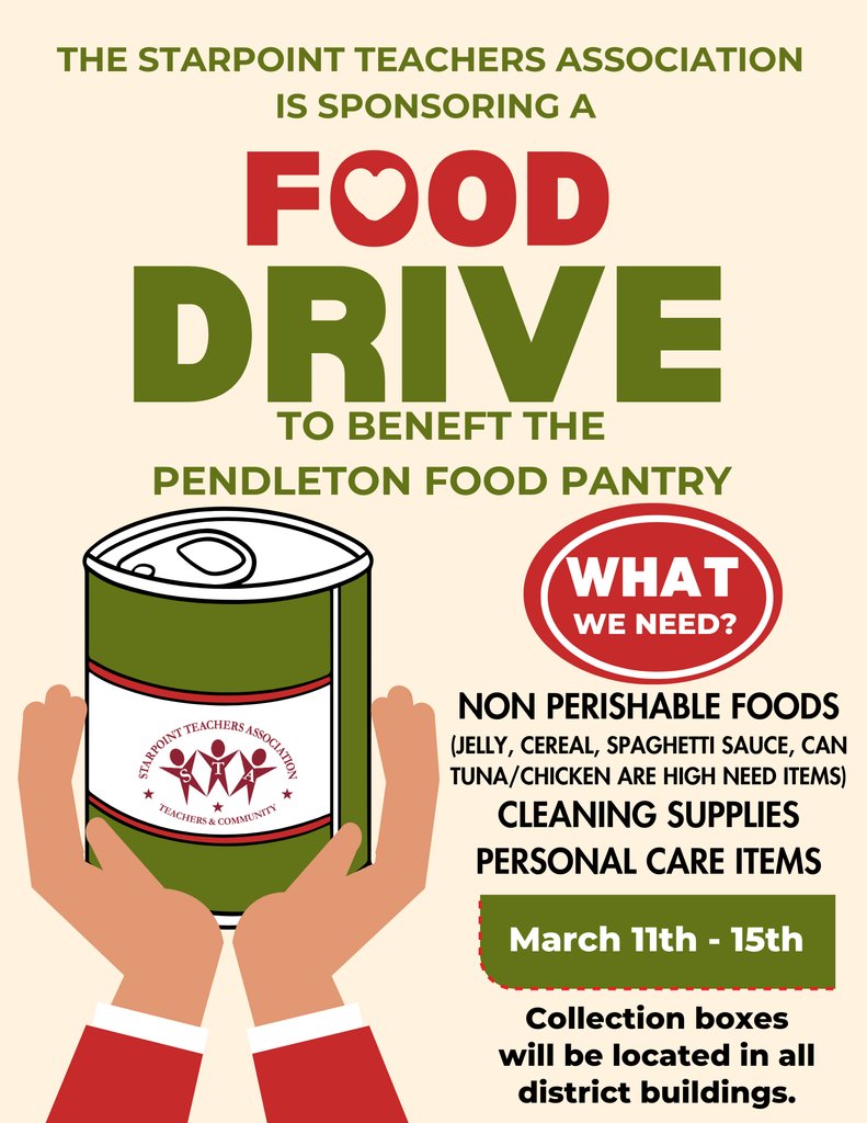 See attached flier for the STA food drive to benefit the Pendleton Food Pantry. Please give to help our families in the Starpoint School District.