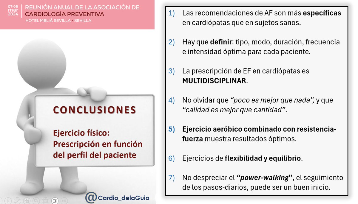 Gracias a <a href="/preventiva_SEC/">Cardiología Preventiva</a> #Preventiva24 por la invitación. 
Ejercicio físico: prescripción en función del perfil del paciente. Ejercicio aeróbico combinado con resistencia-fuerza muestra resultados óptimos. Combinar ejercicios de equilibrio-flexibilidad. Multidisciplinar. 🏃🏼‍♂️🫀💪🏼