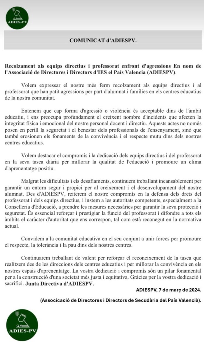 Donem tot el nostre suport al comunicat dels equips directius de secundària. Cap agressió més!!