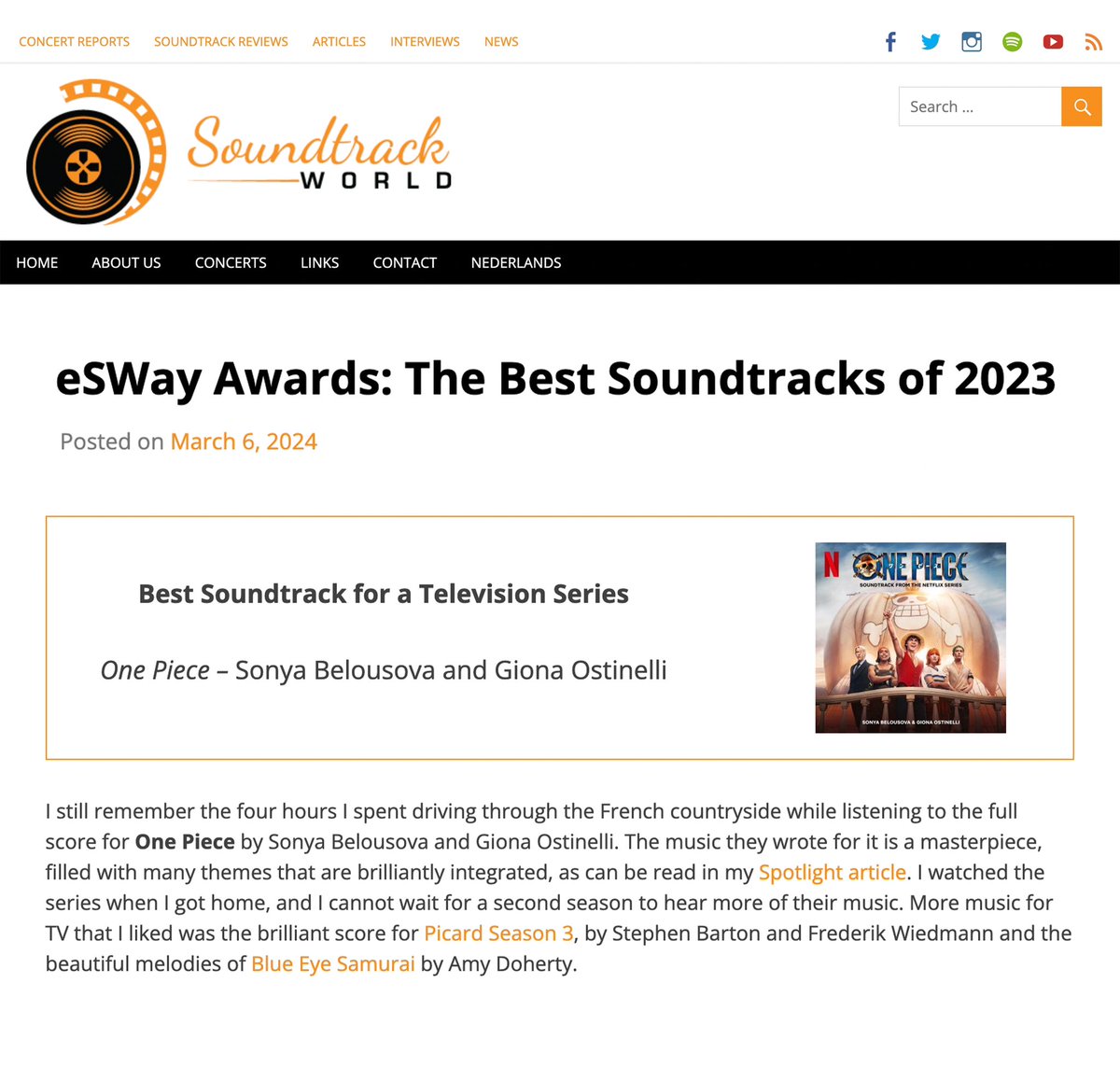SonyaBelousova's tweet photo. Best 2023 Soundtrack for a Television Series! Wow!! What an honor! So grateful 🙏🙏 Thank you @stwereld ❤️🏴‍☠️

@onepiecenetflix https://t.co/RsiZBiCsgD