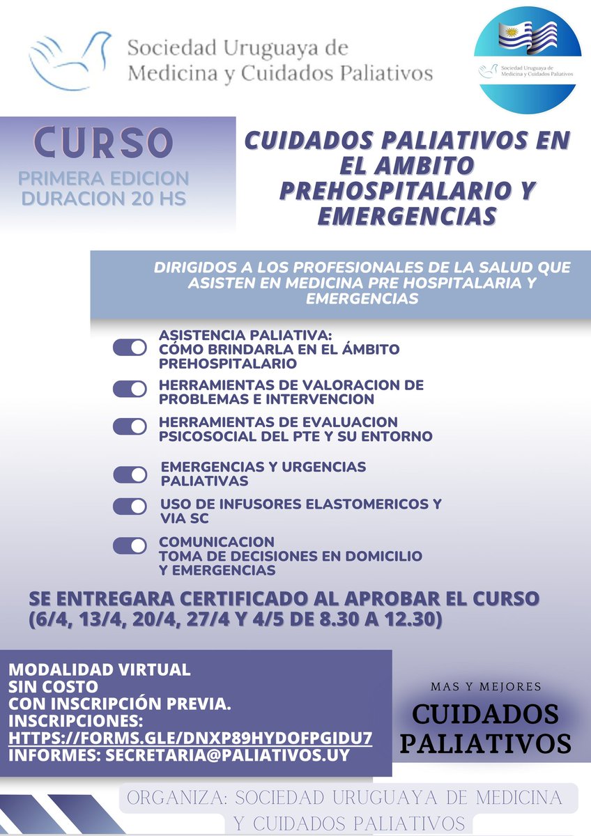 Inscripciones 👉🏼Inscripciones: forms.gle/DNXp89hydoFpgi…
Información 👉🏼 secretaria@paliativos.uy