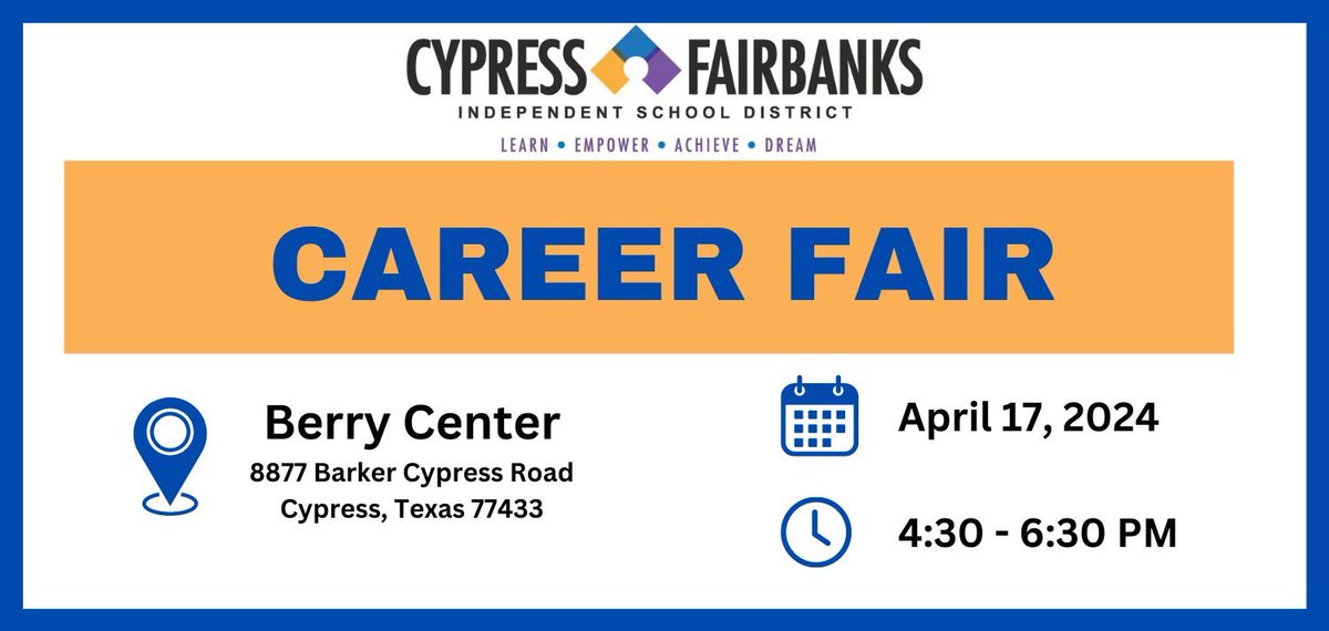 Save the date! The #CFISDCareerFair is set for April 17 from 4:30-6:30 p.m. at the @BerryCenter. Learn more and pre-register at cfisd.net/careerfair. #CFISDspirit