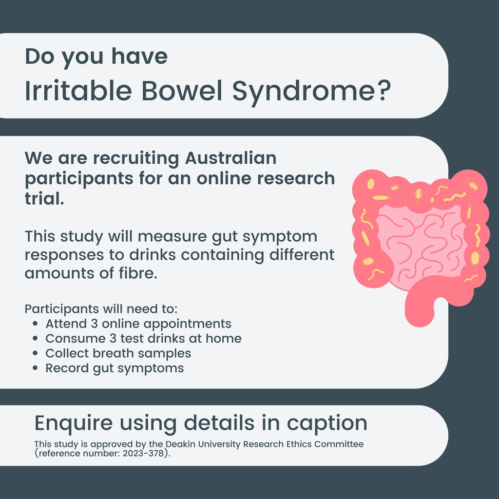 Study participants with irritable bowel syndrome (IBS) wanted! This is an online trial and you can participate from anywhere in Australia. Check if you are eligible here: redcap.deakin.edu.au/surveys/?s=K4M… For more information, email fibrestudy@deakin.edu.au or call 0404 559 164.