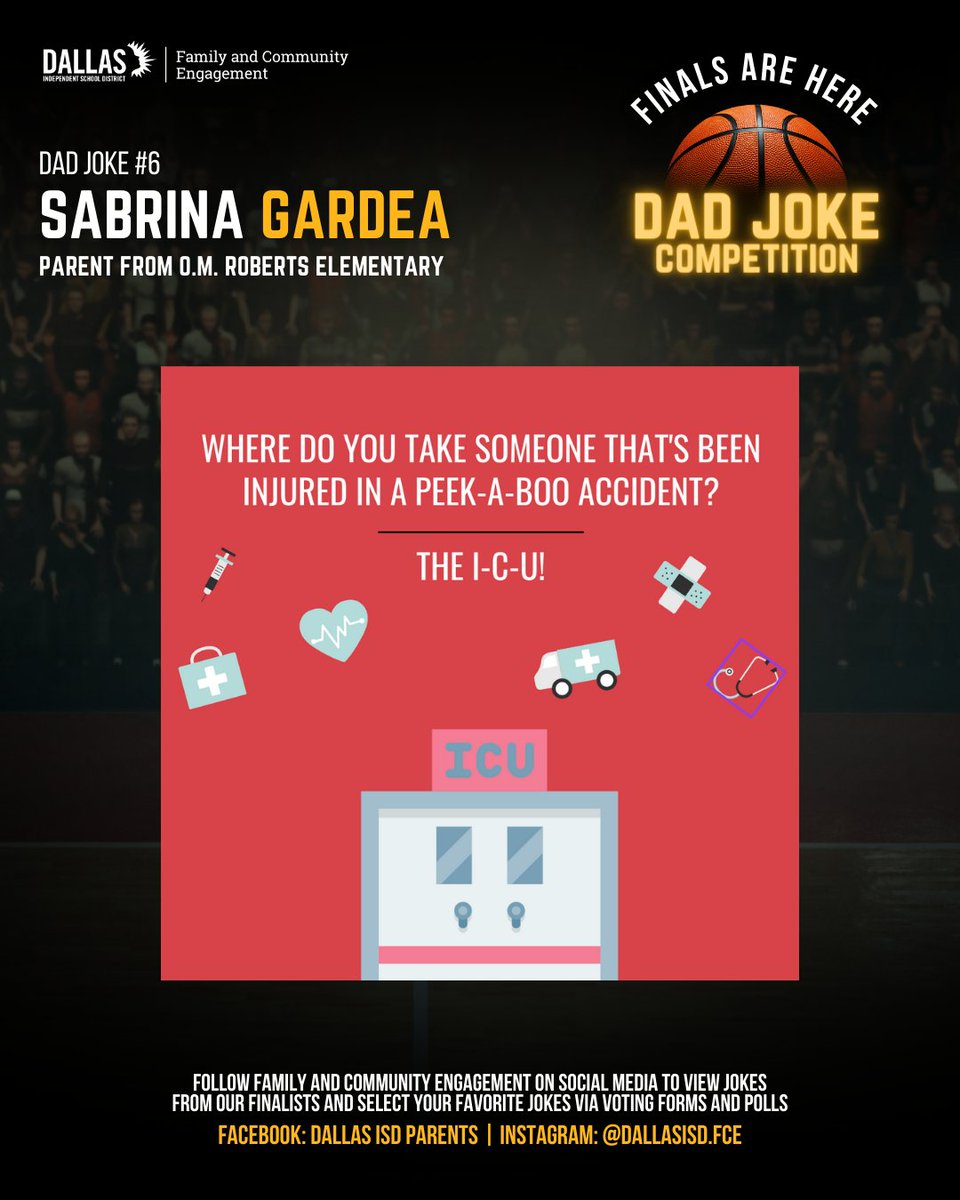 🎉 Get ready to chuckle at the Dallas ISD Family and Community Engagement Dad Joke Competition finals! We are thrilled to introduce one of our hilarious dad joke finalists, Sabrina Gardea, a parent from O. M. Roberts ES. To hear their hilarious dad joke, see the image below.
