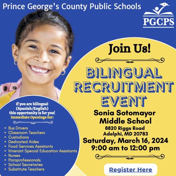 Join PGCPS on March 16 for our Bilingual Recruitment Event!  Join us on Saturday, March 16, 9 am to 12 pm at Sonia Sotomayor Middle School in Adelphi to learn about immediate employment opportunities.  Register now: tinyurl.com/PGCPSBilingual…