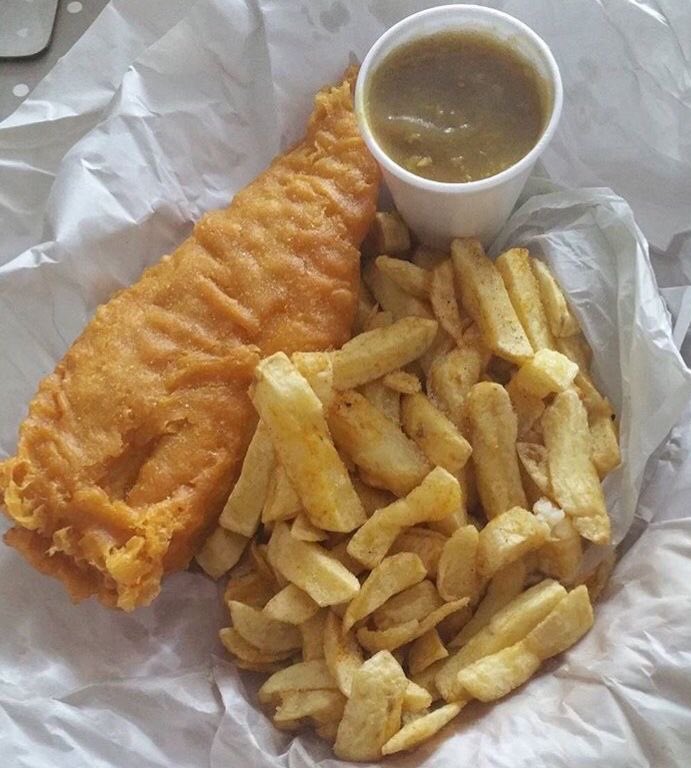 Fish, Chips and Curry Sauce