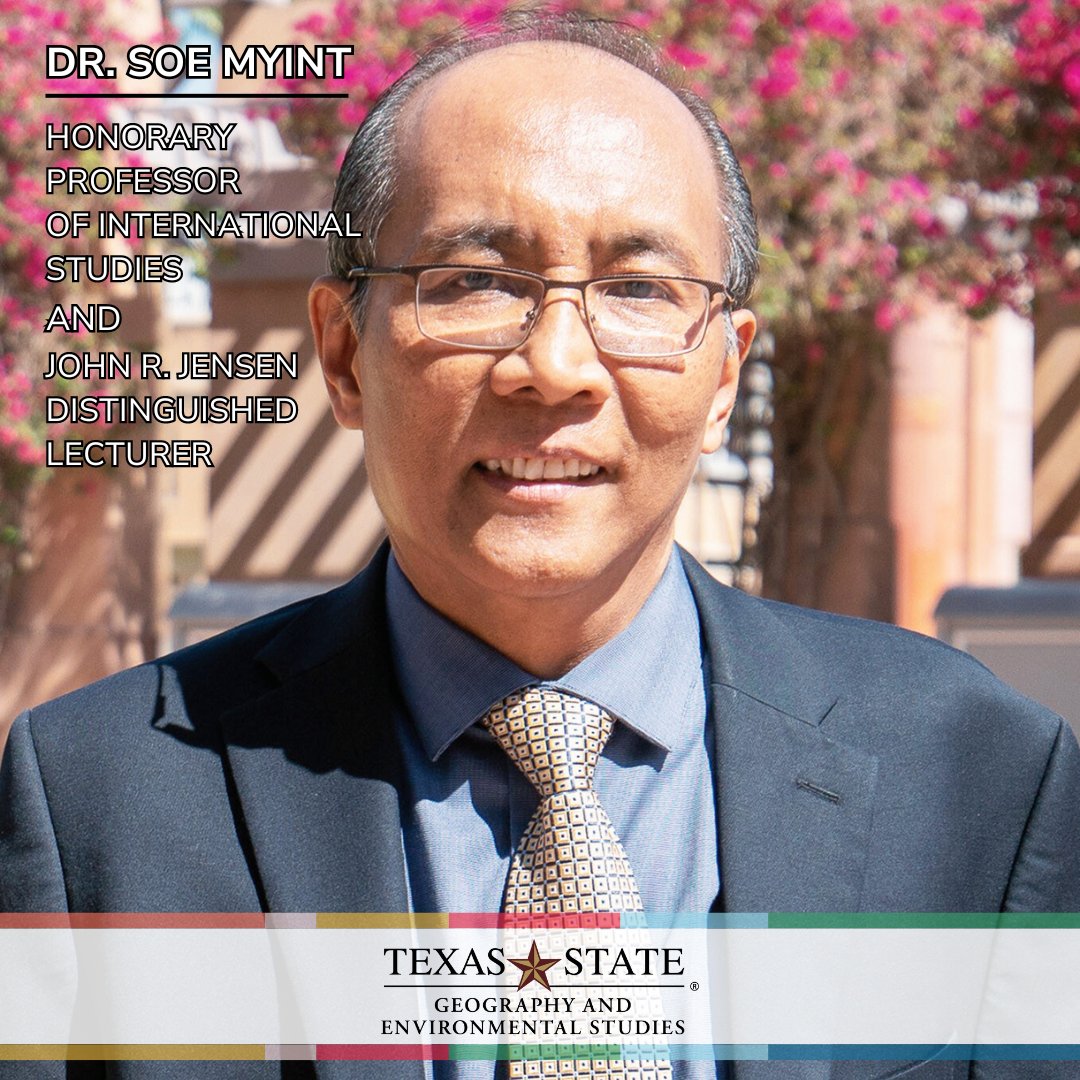 Dr. Soe Myint was selected to give the John R. Jensen distinguished lecture at the 2024 AAG meeting AND was awarded the title of Honorary Professory of International Studies through the College of Liberal Arts <a href="/txstla/">TXST Liberal Arts</a> !

#TXST #TXSTLA