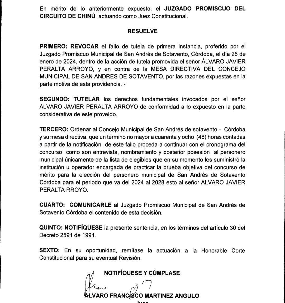 marchenojob's tweet photo. #ElecciónDePersonero
Se despeja el camino para la elección de Álvaro Javier Peralta Arroyo, nuevamente como Personero de San Andrés de Sotavento. 

Juzgado Promiscuo del Circuito de Chinú, resuelve tutelar los derechos fundamentales invocados por Álvaro Javier Peralta Arroyo (ocupó el primer lugar en las pruebas de conocimiento para elección de Personero (a) de San Andrés de Sotavento).
Revoca fallo de tutela de primera instancia del Juzgado Municipal de San Andrés de Sotavento y ordena al Concejo de San Andrés de Sotavento y su mesa directiva continuar con el cronograma del concurso (selección de Personero (a)), como son entrevistas, nombramiento y posterior posesión únicamente de la lista de elegibles que en su momento la institución u operador encargada de practicar la prueba objetiva.
#GolpePolítico al alcalde, Barnaby Urango