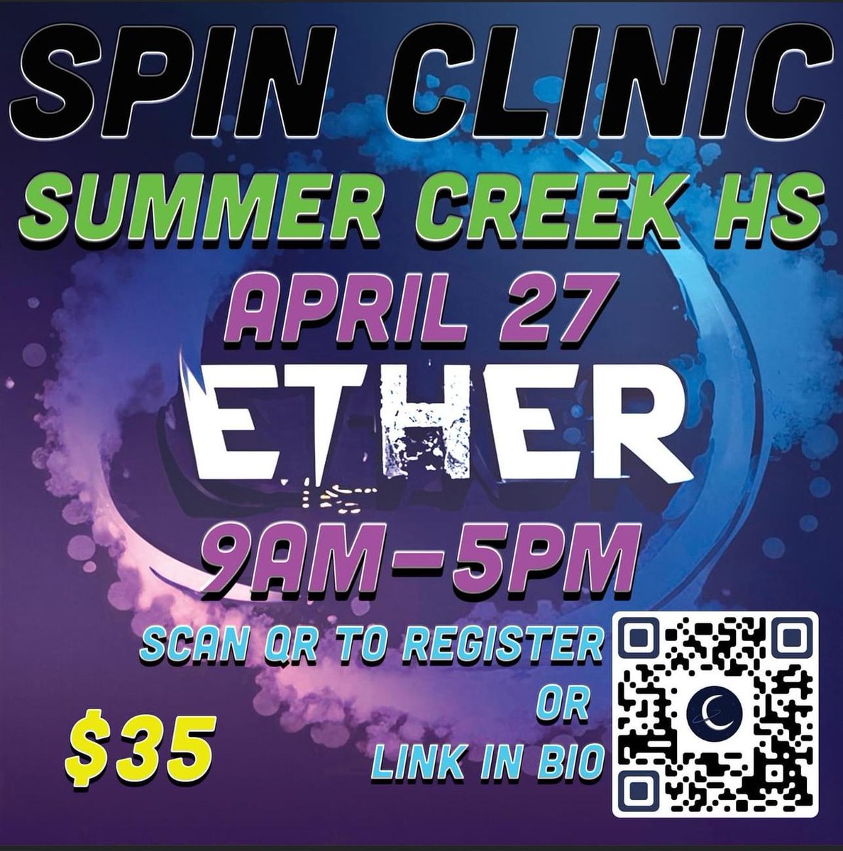 Join us April 27 from 9am-5pm for dance, spinning, and lots of fun! Register online using the QR. Bring your equipment and a friend. Black attire is preferred.

Email questions to Director@etherindependent.com

#ether #colorguard #winterguard #spinclinic