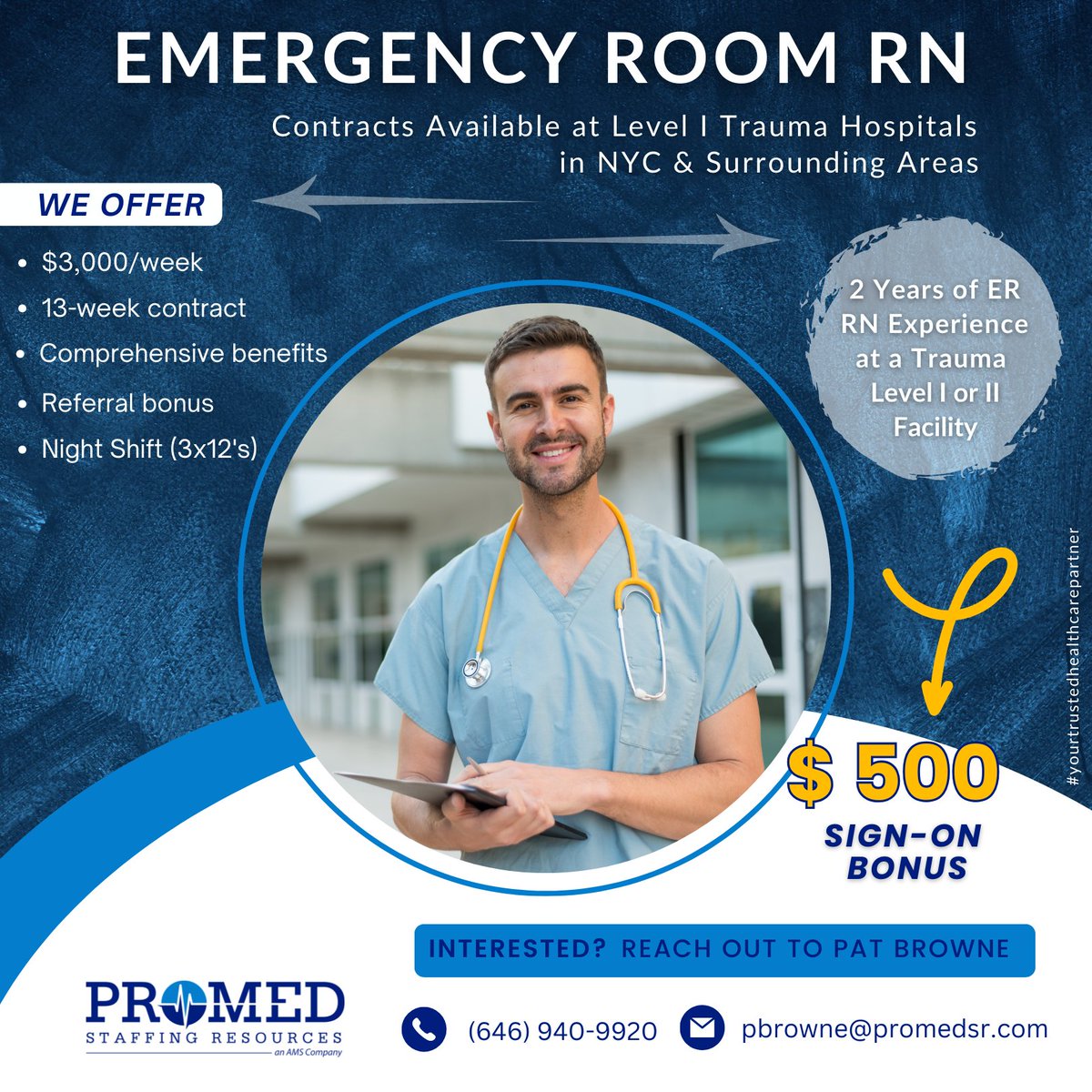 #emergencydepartmentnurses, propel your#career with a 13-week night shift contract role brought to you by ProMed Staffing Resources. Contact Pat Browne at pbrowne@promedsr.com or dial (646) 940-9920 to apply

#ernurse #emergencynurse #registerednurse #hiring #promedsr