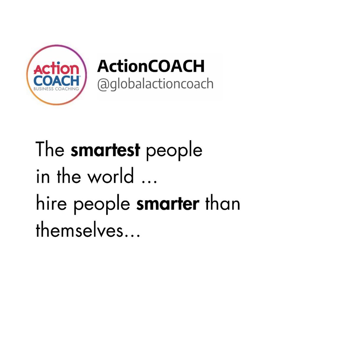 The smartest people in the world ... hire people smarter than themselves...
.
.
.
Share if you believe in building a team of top talent! 💼🌟
.
.
.
#actioncoach #globalactioncoach #team #BusinessSuccess