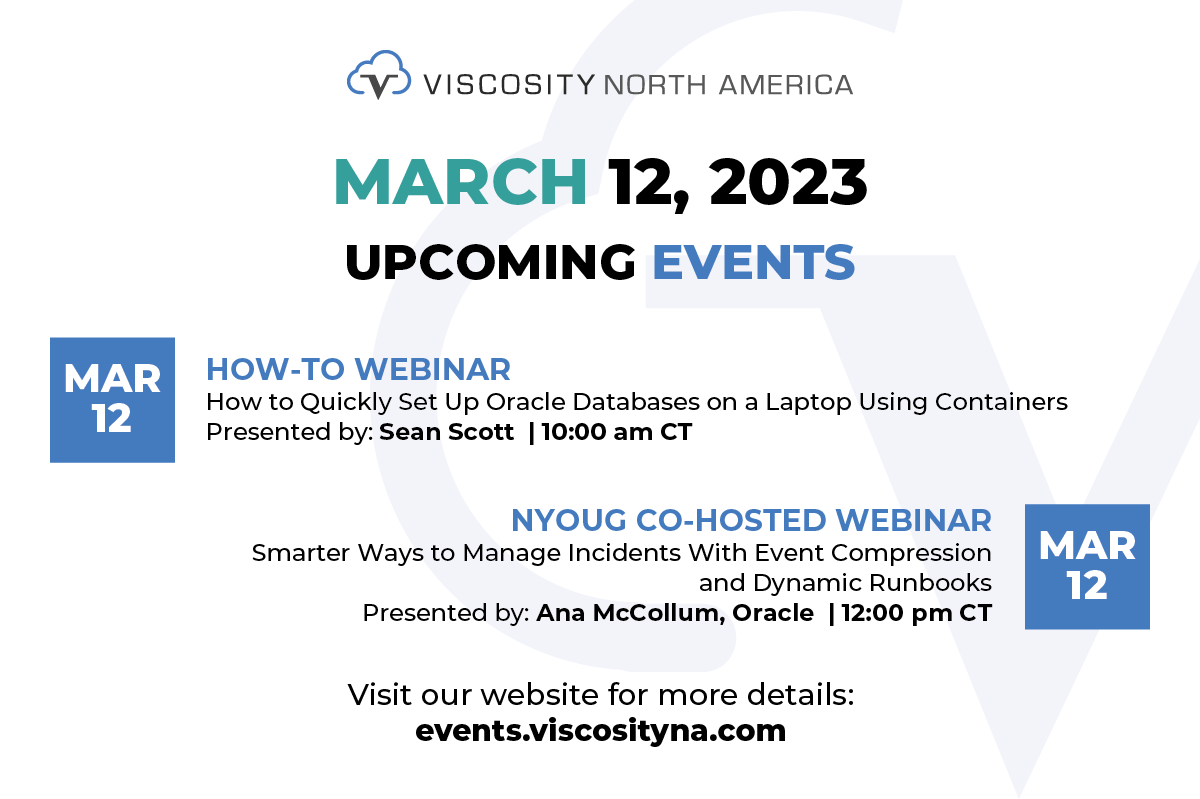 ViscosityNA's tweet image. 🌸 Spring into the latest tech NEXT WEEK!
An exclusive "How to Quickly Set Up #OracleDatabases on a Laptop Using Containers," by #ACED @oraclesean.
Plus, learn "Smarter Ways to Manage Incidents..." by Ana McCollum @oracle | @nyoug_nyc.
More: bit.ly/436czyW
#VNA #OraPub