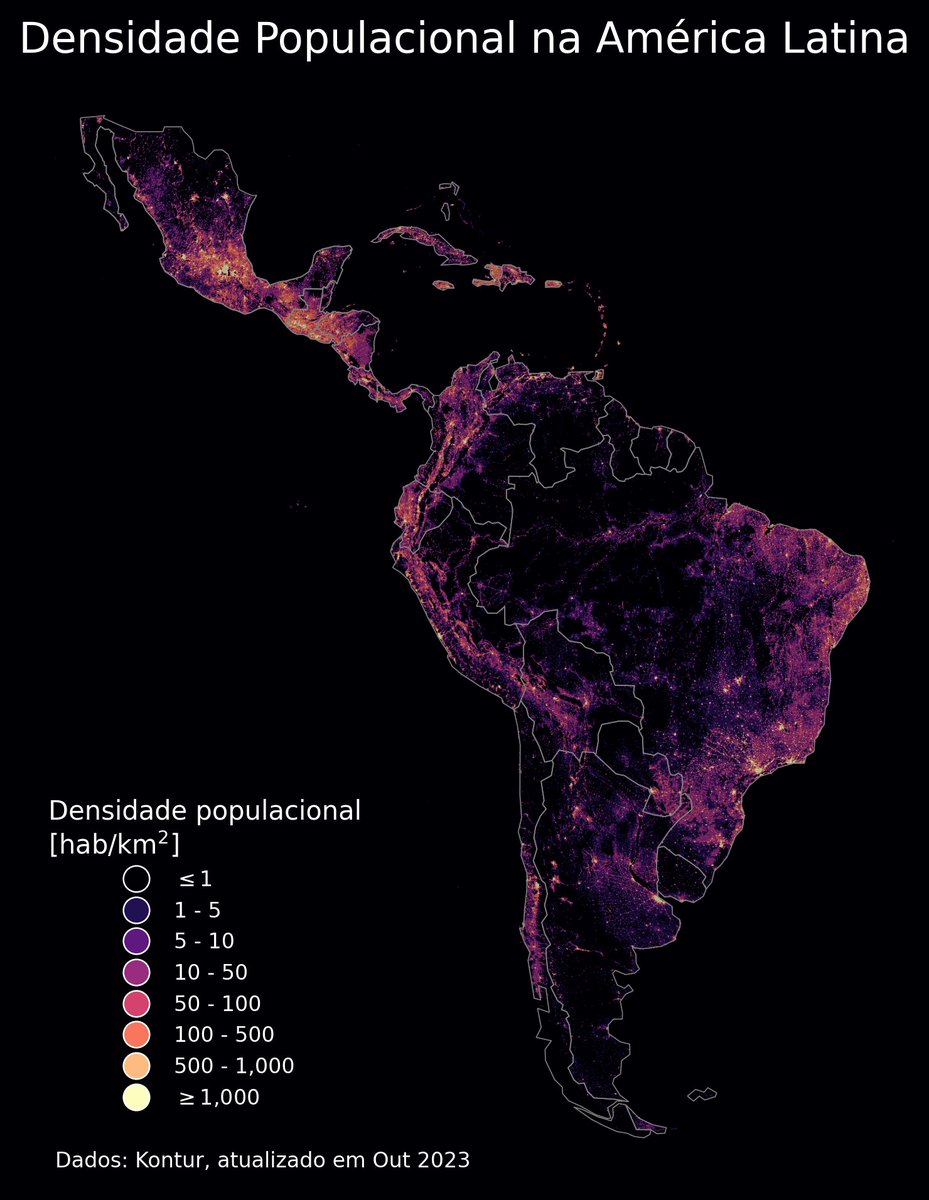 Densidade populacional na América Latina. Acho muito legal como da claramente pra ver as capitais no mapa pelos pontinhos de alta densidade.