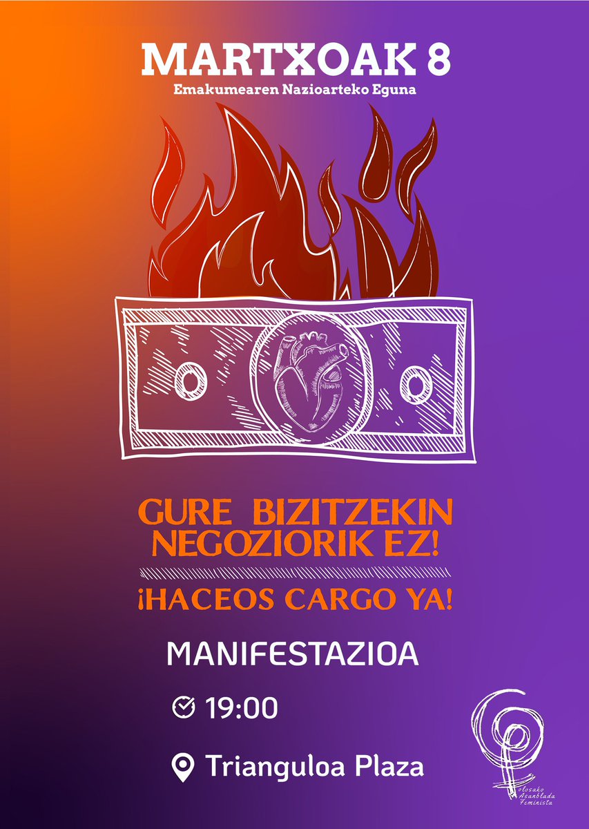 BIHAR, ospakizun eguna baino gehiago, borroka eguna. 
Kalean ikusiko dugu elkar! ✊🏻💜

🗓️Martxoak 8, ostirala
🕖19:00
📍Trianguloa plaza

GURE BIZITZEKIN NEGOZIORIK EZ! 

#martxoak8 #gurebizitzekinnegoziorikez #haceoscargoya #goraborrokafeminista