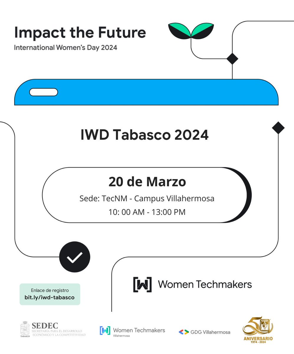 🌟 ¡Celebra con nosotros el Día Internacional de la Mujer el 20 de Marzo! 

💡Descubre historias inspiradoras de mujeres que están liderando el cambio en la industria tecnológica

📅 20 de Marzo
📍TecNM - Campus Villahermosa
🚀Registro abierto 📷 bit.ly/iwd-tabasco