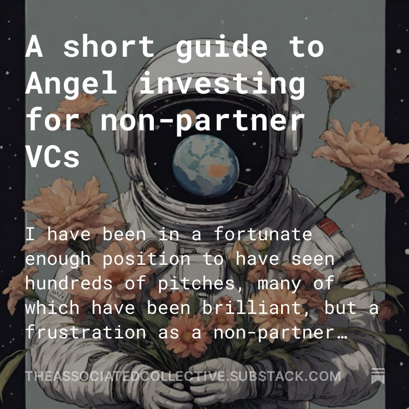 For many non-partner VCs angel investing seems like a significant leap into the unknown and putting your capital at risk is a scary feat, but Francesca Baillieu can only recommend it and hope that this post encourages others to do the same 🌱🌸.

lnkd.in/eH_hut39