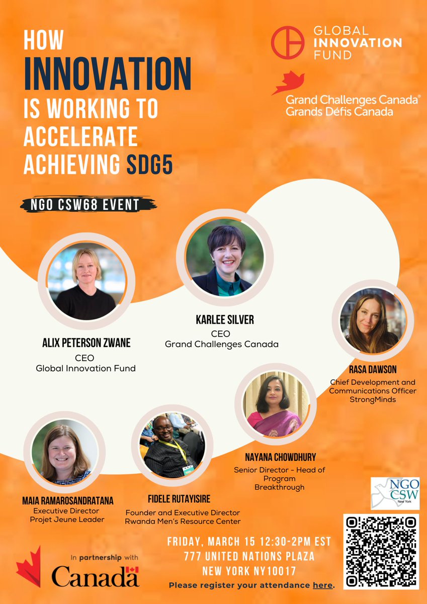 Join us at #CSW68 for an insightful #paneldiscussions, co-hosted by @GlobalInnovFund, @gchallenges and @CanadaDev. 📅 March 11-22, 2024 🔗 Sign up to attend: lnkd.in/dGJnWSX4 🗣️Topic: Implementing and #scaling innovative interventions #empoweringwomenandgirls.