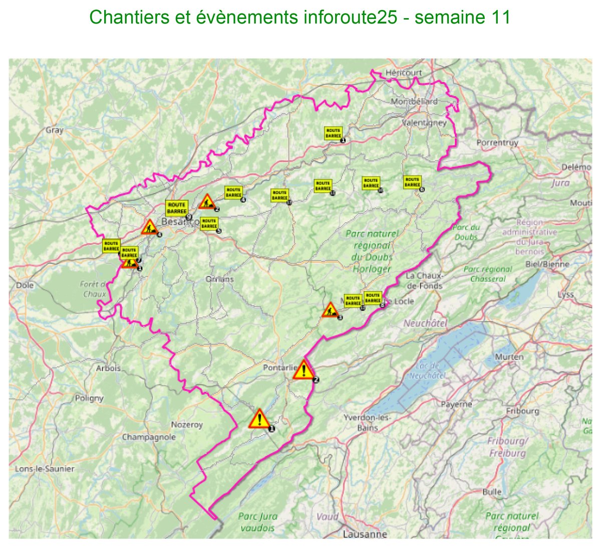 Doubscd25's tweet photo. #chantiersroutiers Voici les chantiers des #routesdépartementales de la semaine 11. Les perturbations majeures sont sur https://t.co/PRDuNteMwG Nos équipes &amp; des entreprises interviennent régulièrement. Merci pour votre compréhension &amp; votre vigilance pour la sécurité de tous https://t.co/sjSqb2p3kz