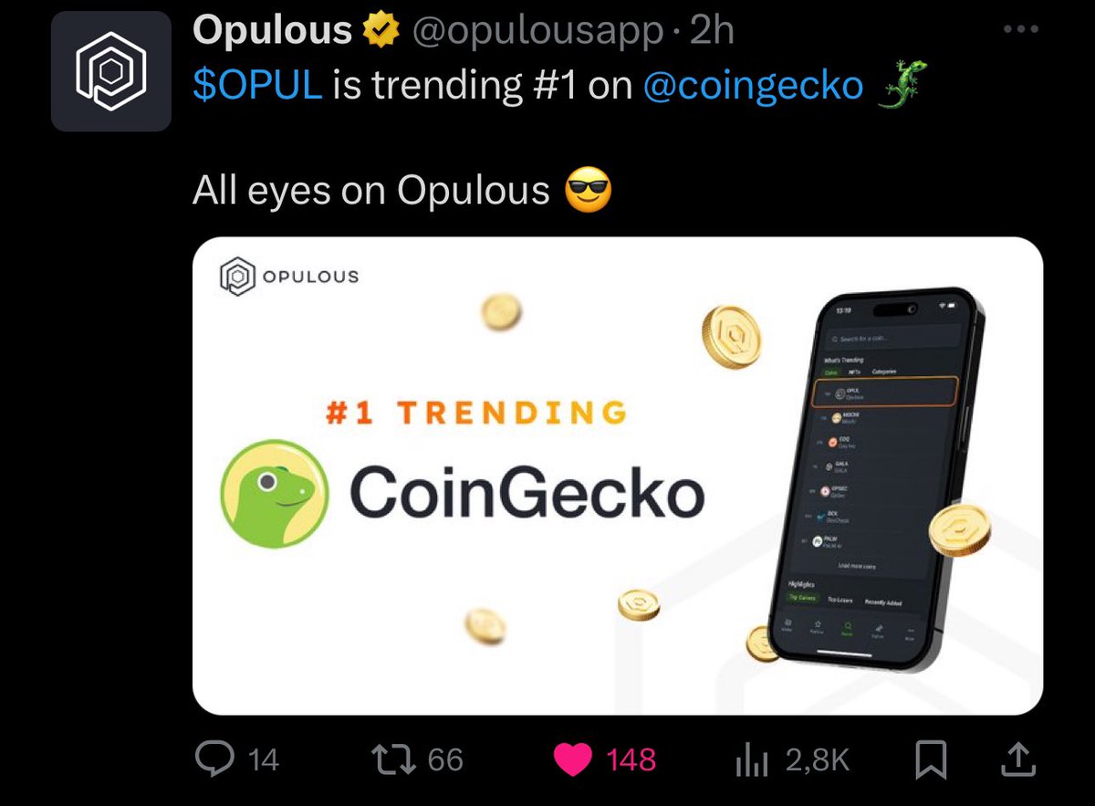 Bitcoinhabebe's tweet photo. I wouldnt want my followers to miss the rise thats coming to $OPUL ⏰💣! 

• #1 Trending on @coingecko 

•New unprecedented AI platform 

•Insane chart https://t.co/R8QgLgSPcB