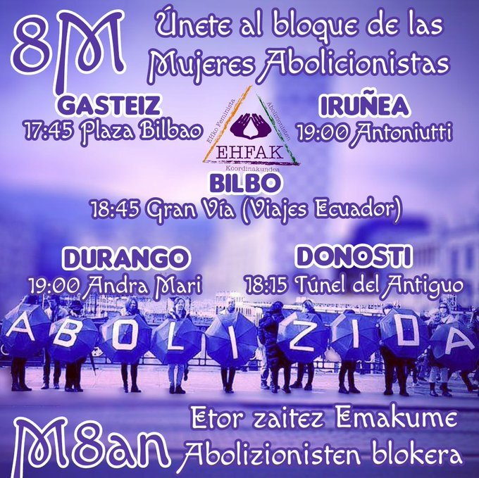 Este viernes llenaremos nuevamente las calles contra este sistema patriarcal y machista. 

#8M #Martxoak8 

Hona hemen bloke abolizionisten deialdia M8rako 👇