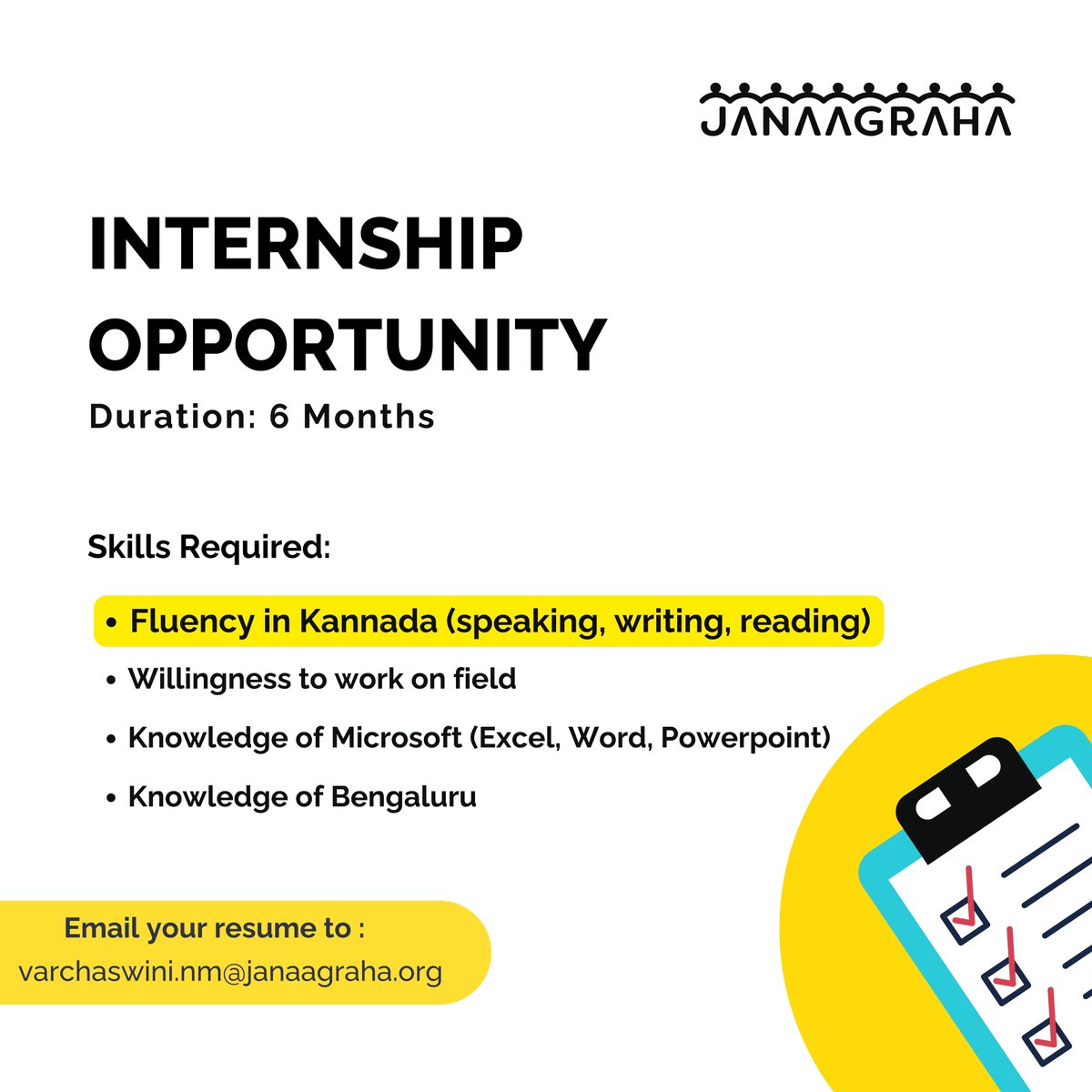 #InternshipOpportunity Are you interested in #CivicParticipation, #UrbanGovernance, and enhancing the quality of life in Indian cities? We have an opportunity in #Bengaluru that might be of interest to you! Please send your #resume to: varchaswini.nm@janaagraha.org