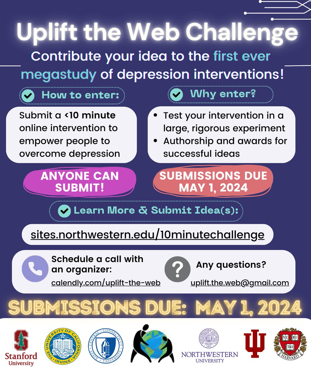 📢 I am so excited to announce that The UPLIFT THE WEB Challenge is open for submissions, NOW until May 1, 2024! This is a massive team science project to identify the most effective brief (< 10 minute) online interventions for depression See sites.northwestern.edu/10minutechalle… for info