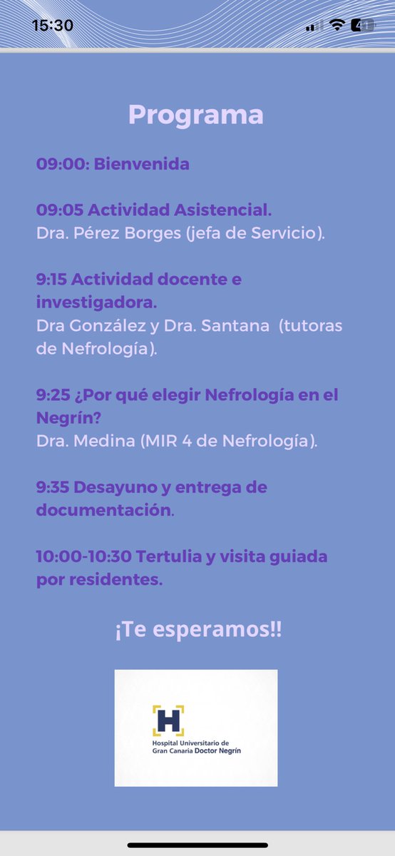 I Jornadas de puertas abiertas
para futuros residentes de
#Nefrología. HUGC Dr. Negrin

🗓️21/03/2024 y 02/04/2024
🕒 9hrs
📍 Secretaría de Nefrología 4ta planta
📩 Apúntate: forms.gle/PAPVt6jSEQMaqg…