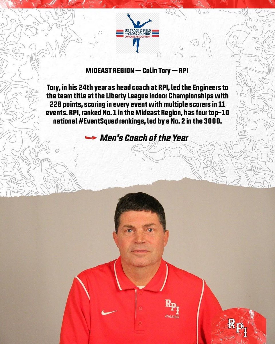 RPIAthletics's tweet photo. Awards keep rolling in for @RPITRACKFIELD 🏅🏅🏅
🚨
Cory Kennedy is your Men’s Track Athlete of the Year!
🚨
Coach Tory is your Men’s Coach of the Year! 
🚨 
Coach Lynch is your Men’s Assistant Coach of the Year! 
🚨
#LetsGoRed #ustfccca https://t.co/jSF5y47n3g
