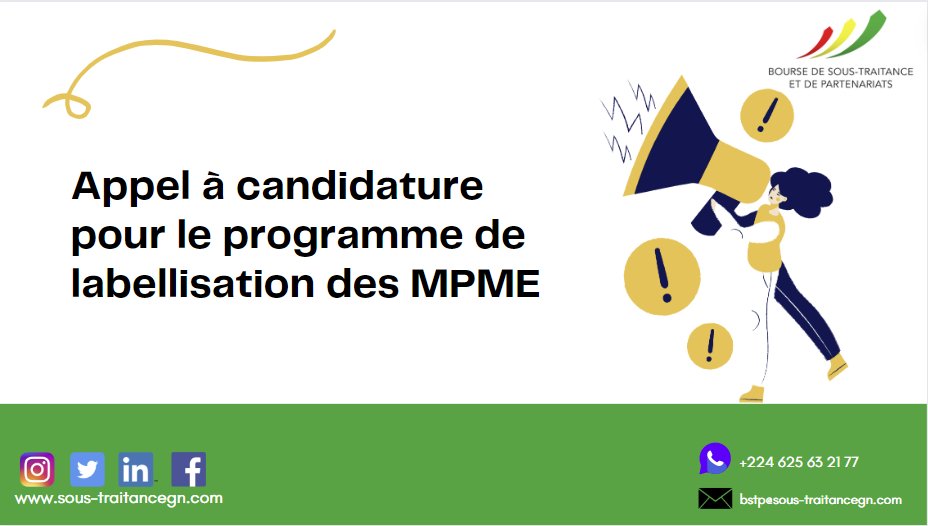 BSTPGN's tweet photo. Cher(e) entrepreneur(e),
Nous avons le plaisir de vous informer du lancement de la première campagne de labellisation des MPME guinéennes, QualifPME.
Pour postuler👇👇👇 https://t.co/xjAggEPXKQ...
#BSTP #ContenuLocal #campagne #Labelisation https://t.co/ZtGe9ze91f