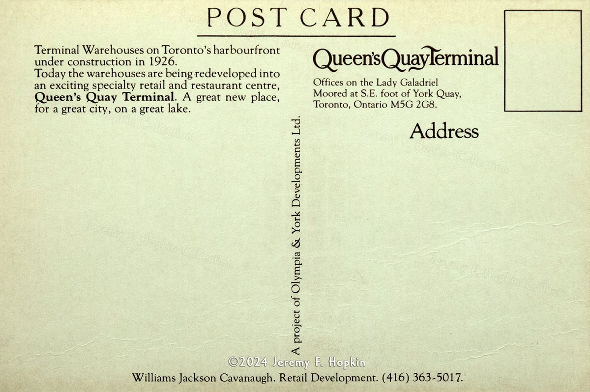Queen's Quay Terminal, Toronto, Canada, a 1980s postcard from my collection.

Neat that the offices for this development were located on a ship moored nearby called 'Lady Galadriel'
 
#1980s #warehouse #condo #adaptivereuse #history #tdot #the6ix #toronto #canada #hopkindesign
