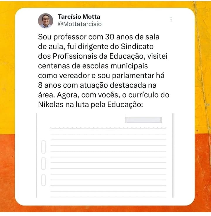 Professor há 16 anos, fui diretor do Sindicato (Sepe), visitei escolas, sou pesquisador e coordenei grupos de pesquisa. Anos de luta e, no fim, tenho que lidar com alguém sem experiência na área com discurso tacanho e propostas absurdas.
<a href="/MottaTarcisio/">Tarcísio Motta</a> <a href="/Nilsonhandebol/">N.H</a> 
#educacao