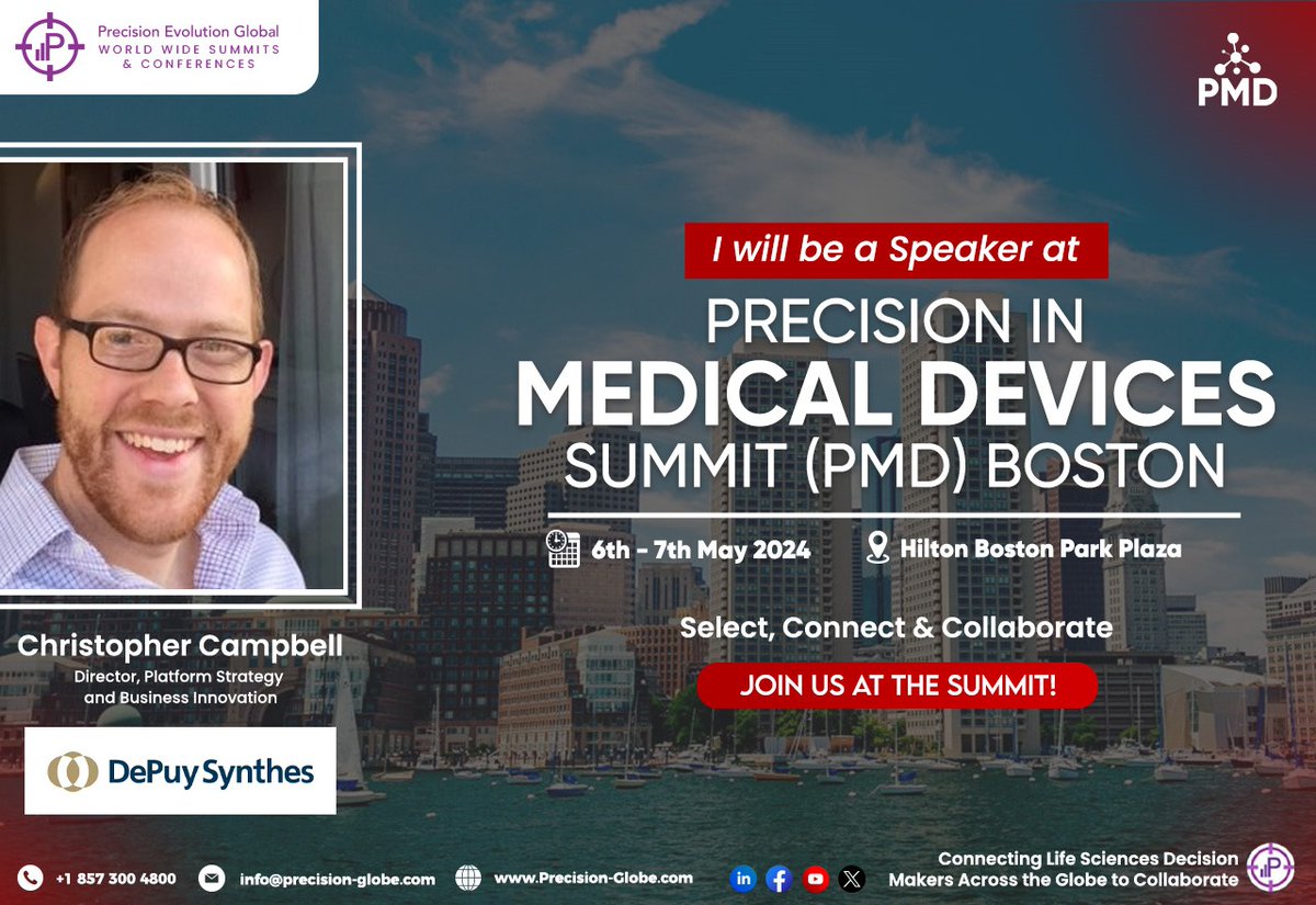 PrecisionEvolu1's tweet photo. We are thrilled to have Chris Campbell of @DePuySynthes speak at the upcoming #PMDSUMMIT in #BOSTON

#DigitalHealth #MedTech #AI #ML #Data #Events #Summits #LifeSciences #Healthcare #ClinicalTrials https://t.co/DlSUAvoics