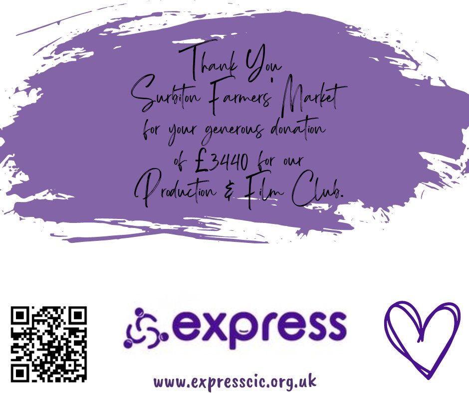 Express CIC (@expresscic) on Twitter photo Thank you <a href="/SurbitonFM/">SurbitonFarmersMrkt</a> for your donation for our Production and Film Club expresscic.org.uk/_files/ugd/2a5…
We are blown away by your generosity and support. This will enable us to buy equipment and help with running costs.
It means so much to have the community behind us 💜 Thank you <a href="/SurbitonFM/">SurbitonFarmersMrkt</a> for your donation for our Production and Film Club expresscic.org.uk/_files/ugd/2a5…
We are blown away by your generosity and support. This will enable us to buy equipment and help with running costs.
It means so much to have the community behind us 💜