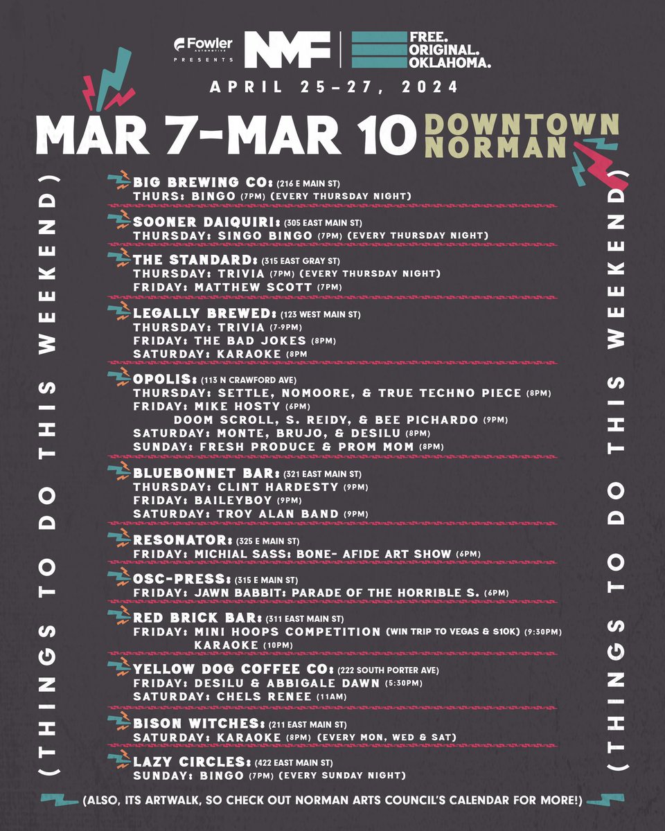 Happy Thursday! Here’s your calendar of things to do Downtown Norman this weekend. And it’s 2nd Friday Norman Art Walk, so be sure to check out @NormanArts Council’s calendar for everything art-related we may have missed! 🎸🤘🖤⚡️😤 #NMF4EVER