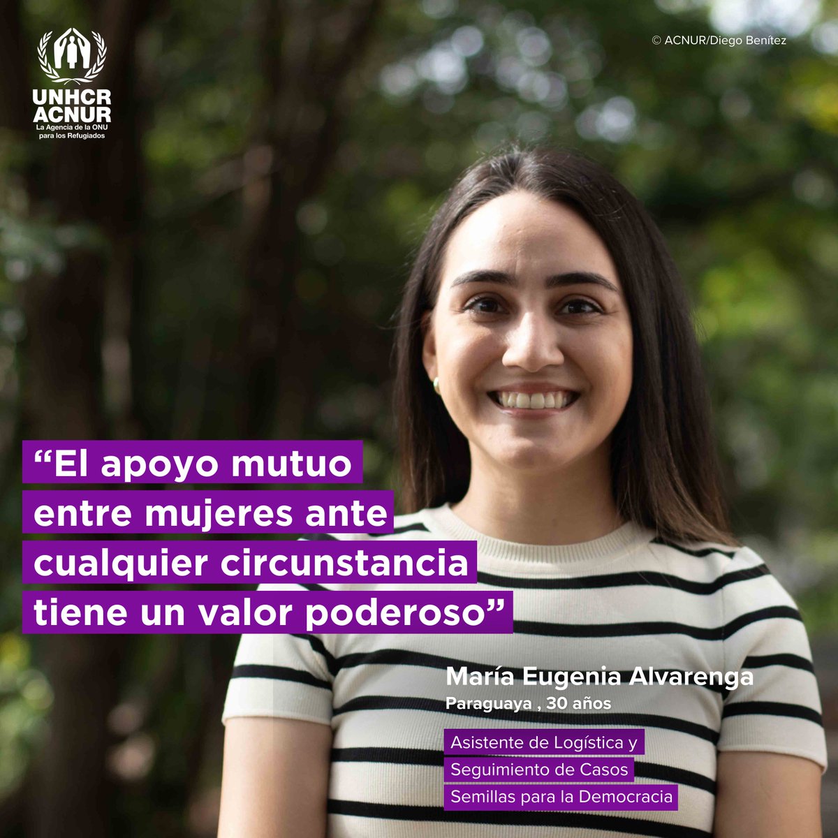 ACNURConoSur's tweet photo. María Eugenia trabaja en @semillaspy como Asistente de Logística y Seguimiento de Casos en Paraguay 🇵🇾

En vísperas del #8M2024 tiene un mensaje para aquellas mujeres que buscan protección:

#NoEstasSola https://t.co/4SU7IKzJ1K