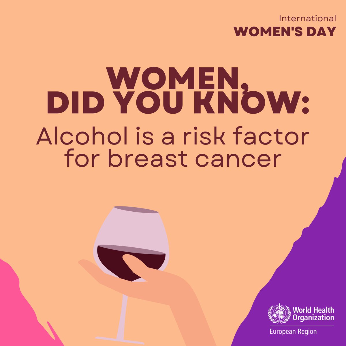 Did you know? #Alcohol is a risk factor for breast cancer, even at low levels. A recent study showed that only 21% of women across Europe are aware of this link. Women have the right to know, so that they can make healthy and informed decisions. #IWD2024